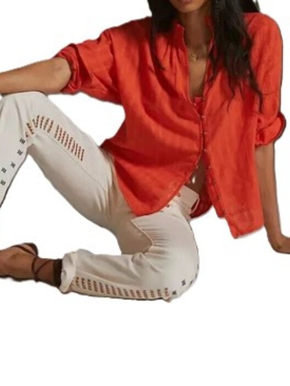 Anthro Pilcro Tavi Oversized Textured Cotton Blouse Small Coral Red Top EUC